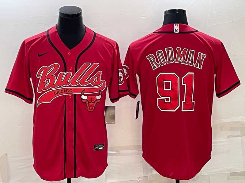 Mens Chicago Bulls #91 Dennis Rodman Red With Patch Cool Base Stitched Baseball Jersey->chicago bulls->NBA Jersey